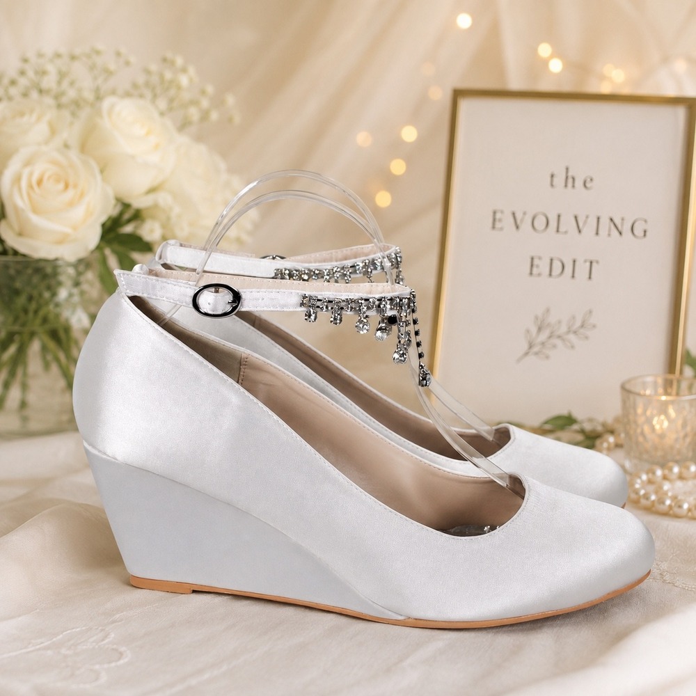 Ivory Bridal Wedges Crystal Rhinestone Anklet Strap Jeweled Wedding Heels 3in